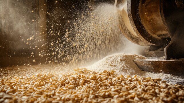 Close-up of grain being milled into flour, creating a dusty cloud.