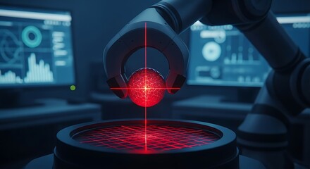 Robotic arm precisely manipulating a glowing red sphere with laser precision in a hightech laboratory, showcasing advanced automation and scientific research