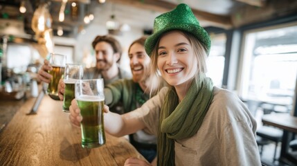 Group of three young adults celebrating at a wooden bar table, raising glasses of green beer, wearing festive attire, enjoying a lively atmosphere with vibrant decor and joyful expressions