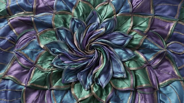 Textile art with iridescent folded fabric in blue, purple, green, featuring a floral mandala pattern and golden accents.