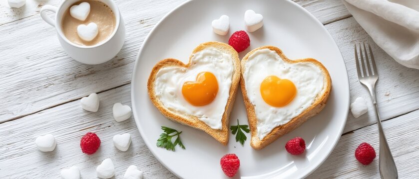 Close up overhead view of a white round plate with heart-shaped eggs, raspberries, and coffee, creating a romantic breakfast scene with copy space for Valentine's Day - Powered by Adobe