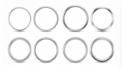 Set of eight realistic silver rings with shadows, perfect for design elements, frames, or wedding concepts on a white background. Vector illustration.