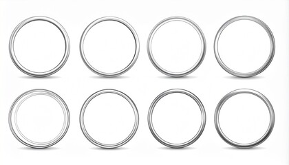 Set of eight realistic silver metal ring frames with shadows, isolated on white background. Blank circular borders for design elements, badges, or buttons.