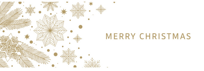 Elegant Merry Christmas banner featuring luxurious gold outline snowflakes and fir tree branches on a white background, perfect for a chic, minimalist holiday greeting card vector. © Selina