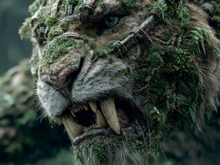 a large, prehistoric-looking creature covered in greenery and flowers, giving it a forest-like appearance. The creature has long, sharp tusks and is walking through a misty forest.