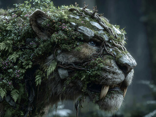 a large, prehistoric-looking creature covered in greenery and flowers, giving it a forest-like appearance. The creature has long, sharp tusks and is walking through a misty forest.