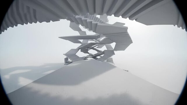 Abstract White Stairs Winding Through the Room With a Fish-Eye Lens