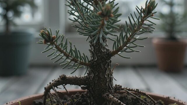 Close-up of a young pine tree in a terracotta pot with textured bark and green needles, surrounded by moss and soil, indoors on a wooden floor with soft natural light from large windows