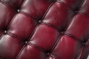Fototapeta premium Close-up of dark red tufted leather upholstery with buttons and visible stitching creating a quilted pattern