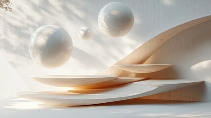 Abstract composition of smooth wooden curved platforms and floating reflective spheres with soft natural light and shadows