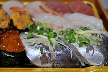 Aji (Japanese jack mackerel) nigirizushi purchased at a supermarket in Tokyo, Japan