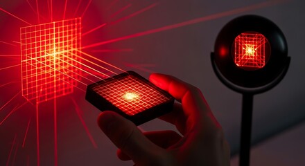 A hand holds a device emitting a red grid pattern, projecting onto a wall, with a similar device in the background, showcasing laser technology