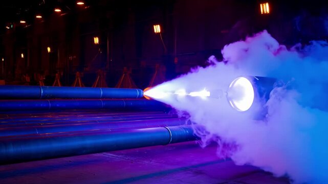 Industrial plasma spray process applying molten material onto metal pipes creating a protective corrosionresistant inner lining in a controlled environment