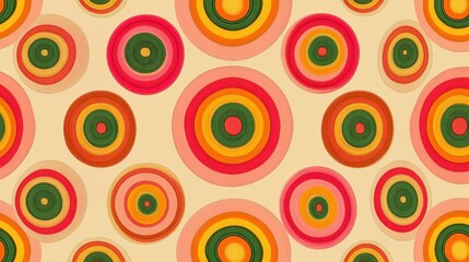 Abstract pattern of concentric multicolored circles with layered textured design on a light beige background creating a lively and vibrant visual effect