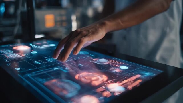 Medium shot of a technician setting up encrypted virtual document scanning highlighting advanced security protocols on a digital display