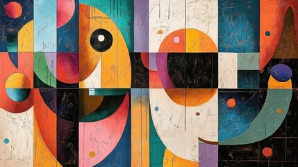 Abstract geometric composition with vibrant colorful shapes including circles, semi-circles, rectangles, and various intersecting lines creating dynamic and harmonious visual balance