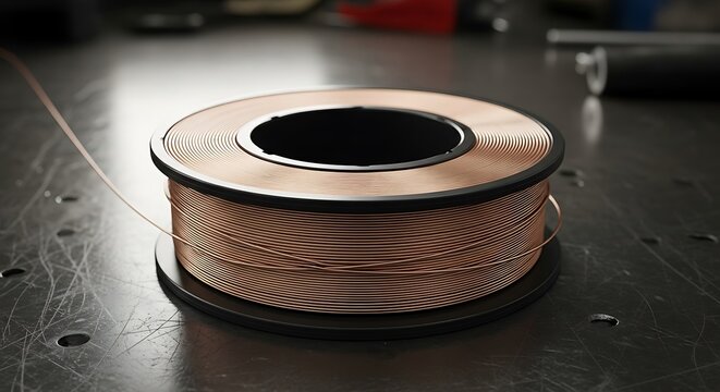 Copper welding wire spool on metallic surface ready for industrial use