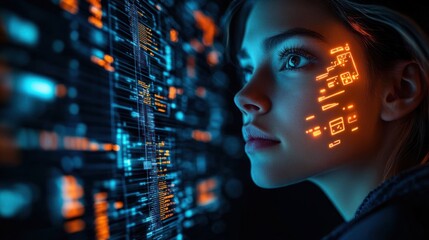 Young woman intensely observing digital data and glowing circuit patterns on her face in a dark high-tech environment
