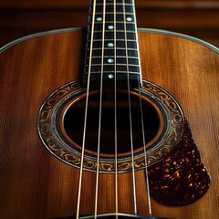 Naklejka premium Close-up of an acoustic guitar showing strings, sound hole with intricate rosette design, pickguard, and wooden texture under warm lighting