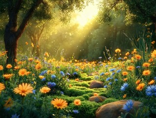 Sunlight filtering through trees onto a vibrant garden path filled with orange and blue flowers and scattered rocks, evoking a peaceful and warm atmosphere