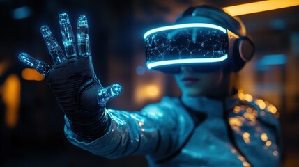 Person wearing futuristic virtual reality headset with illuminated star constellation patterns reaching out with glowing robotic hand in a dimly lit high-tech environment