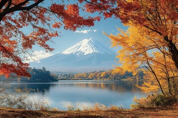 Serene lake surrounded by vibrant red and yellow autumn trees with a snow-capped mountain in the background under a clear blue sky