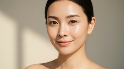 Beautiful Asian Woman with Glowing Clear Skin, Skincare Concept
