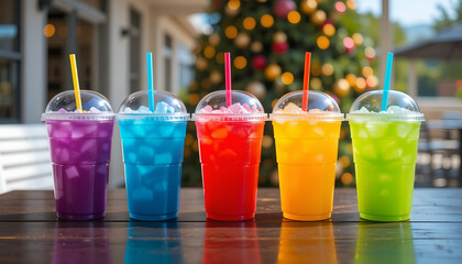 Five Brightly Colored Iced Sodas in Plastic To-Go Cups with Straws Arranged in a Row on a Wooden Table Outdoors for Summer Party and Refreshment Concept.