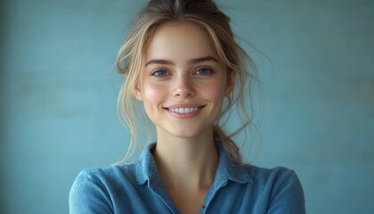 Portrait of a smiling young woman with light blonde hair, blue eyes, and freckles wearing a blue shirt against a soft blue background