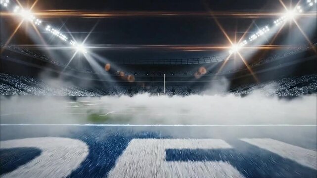 Dynamic stadium entrance reveals electric atmosphere with bright lights and ground fog motion