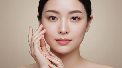 Beautiful Asian Woman with Glowing Clear Skin, Skincare Concept
