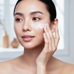 Portrait of young woman applying moisture cream.