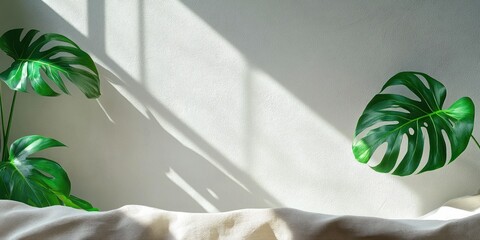 Bright sunlit room with green monstera leaves casting soft shadows on a plain white wall and light bed linen creating a calm and peaceful atmosphere