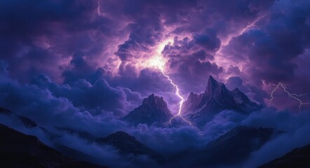 Dramatic stormy mountain landscape with dark clouds, vivid lightning bolts illuminating jagged peaks and misty valleys under a turbulent sky