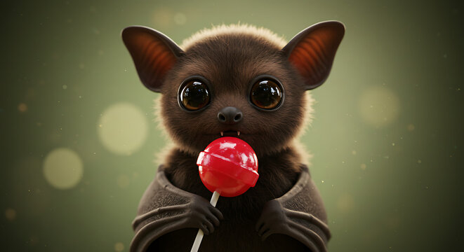 Cute Baby Bat Eating a Red Lollipop