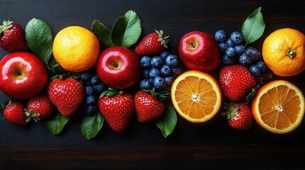 Arrangement of fresh red apples, strawberries, blueberries, whole and halved oranges with green leaves on dark wooden surface