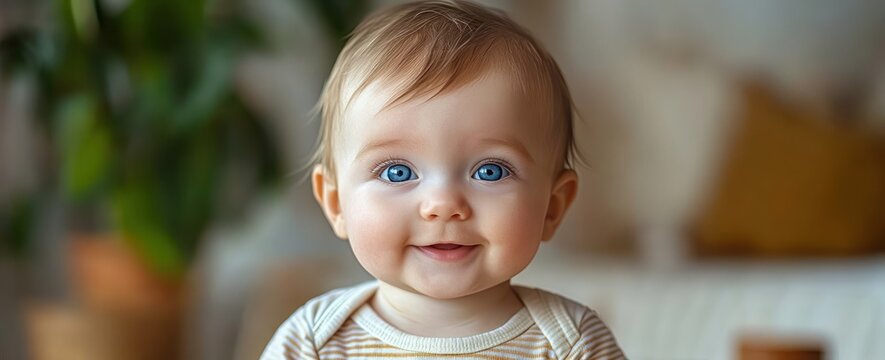 Close-up of a smiling baby with bright blue eyes and light hair in a cozy indoor setting with blurred green plant and furniture background
