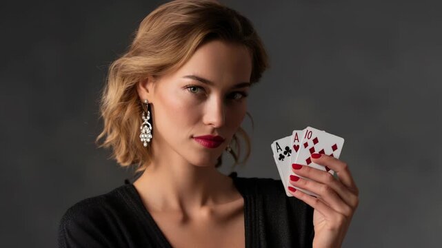 Elegant woman holding a winning hand, playing cards in studio shot