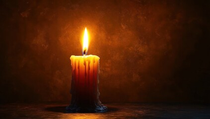 Single burning candle with melting wax casting a warm glowing light on a dark textured background, evoking calm and contemplation