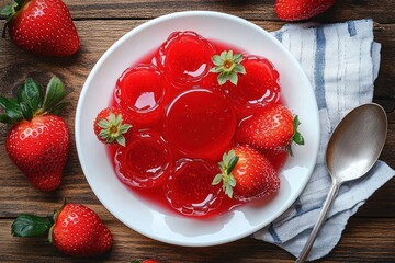 plate of shiny red gelatin surrounded by fresh strawberries on a wooden table with a spoon and blue striped cloth