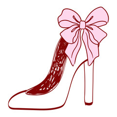 High heel shoe design with a pink bow on top, showing details of the shoe and bow clearly