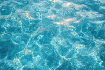 Close-up view of clear blue pool water surface with light reflections creating ripples and sparkling effects
