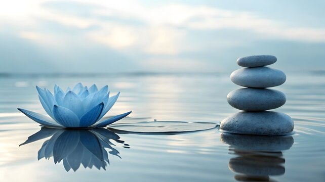 Serene Blue Lotus Flower on Water with Stacked Pebbles