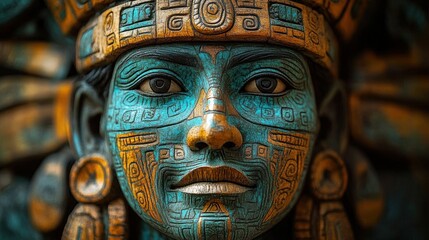 Fototapeta premium Close-up of an intricately carved and painted wooden face with blue and gold geometric designs, large eyes, and decorative headgear evoking a solemn expression