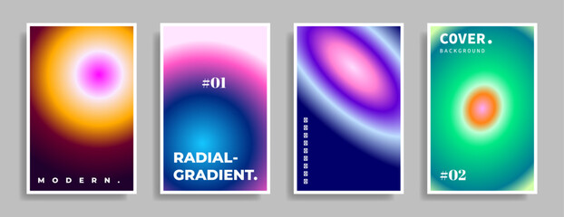 Colorful circle color gradation background template set. Radial gradient modern poster design collection. Abstract minimalist vibrant graphic element for cover, banner, presentation, or advertisement.