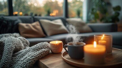 Cozy living room scene with steaming coffee mug, lit candles on wooden table, soft knit blanket, and blurred sofa with cushions in warm natural light