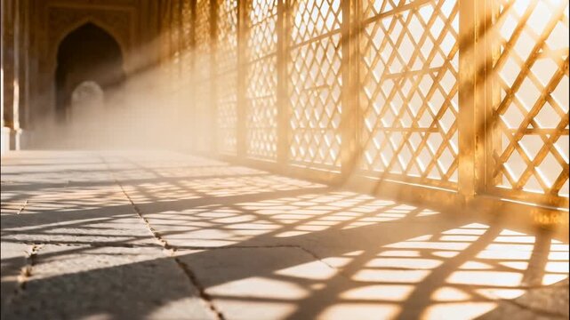Sunlight rays streaming through ornate lattice windows casting dramatic shadows on stone floor