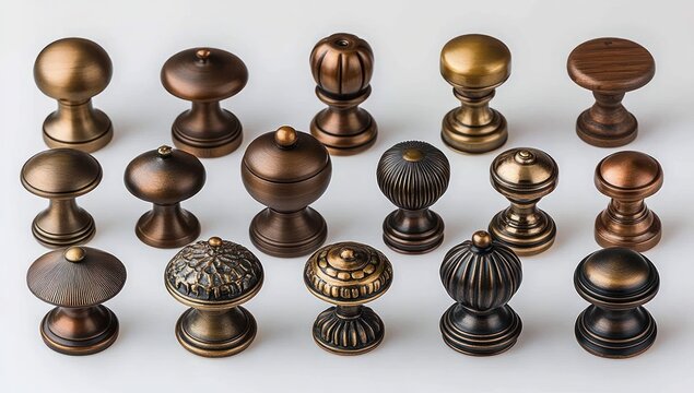 Collection of various metallic cabinet knobs and drawer pulls with different shapes and textures arranged in rows on a white background