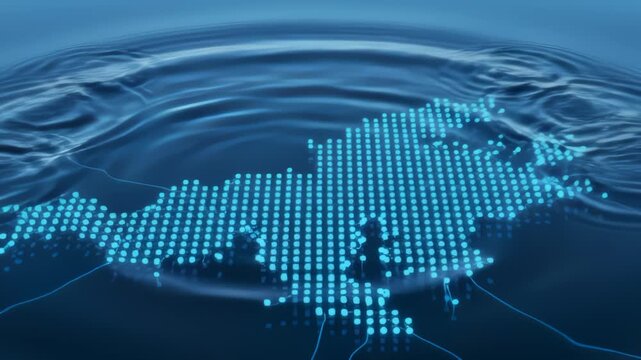 Water Drop Falls Into Digital Map Causing Ripples Animation