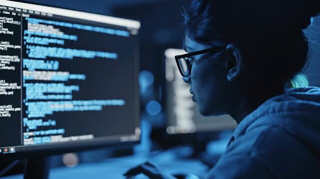 Software engineer coding and debugging code on computer screen at night
